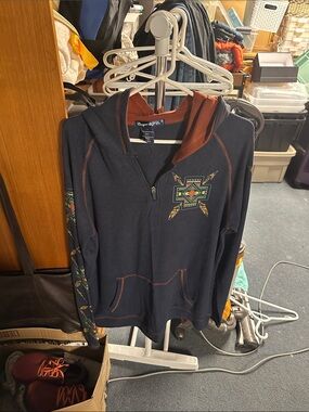 Cowgirl Tuff Navy Scoop-Neck Hoodie with Rust Trim and Southwestern Embroidery